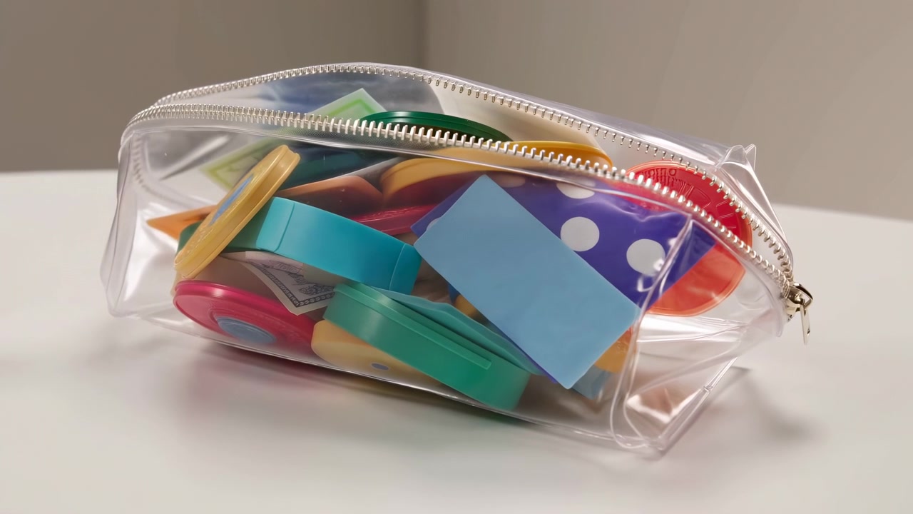 Bustina trasparente con clip colorate, nessuna azione osservata, scena statica, su una superficie bianca, sfondo neutro, con bustina trasparente, clip colorate, con texture di bustina di plastica e clip di metallo.