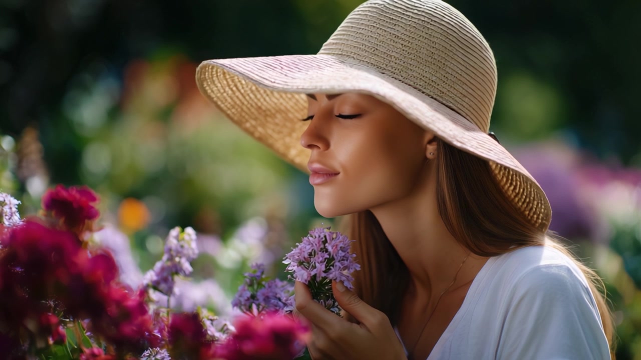 Una donna con un cappello di paglia annusa delicatamente fiori vivaci, catturando l'essenza di un momento sereno in giardino, pieno di bellezza e tranquillità, circondata dai colori della natura.
