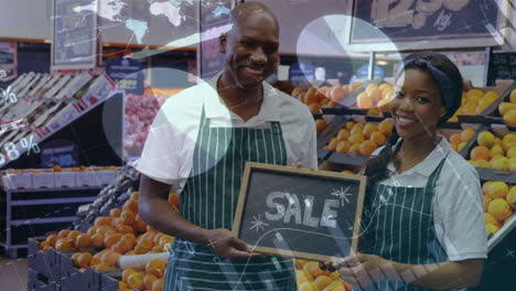 animation of financial graphs over happy african american male seller and female sellers