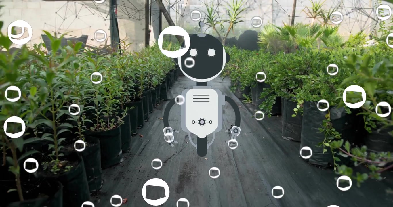 Avatar robot che appare tra le piante della serra, attivando icone fluttuanti e un visore per la visualizzazione dei dati.