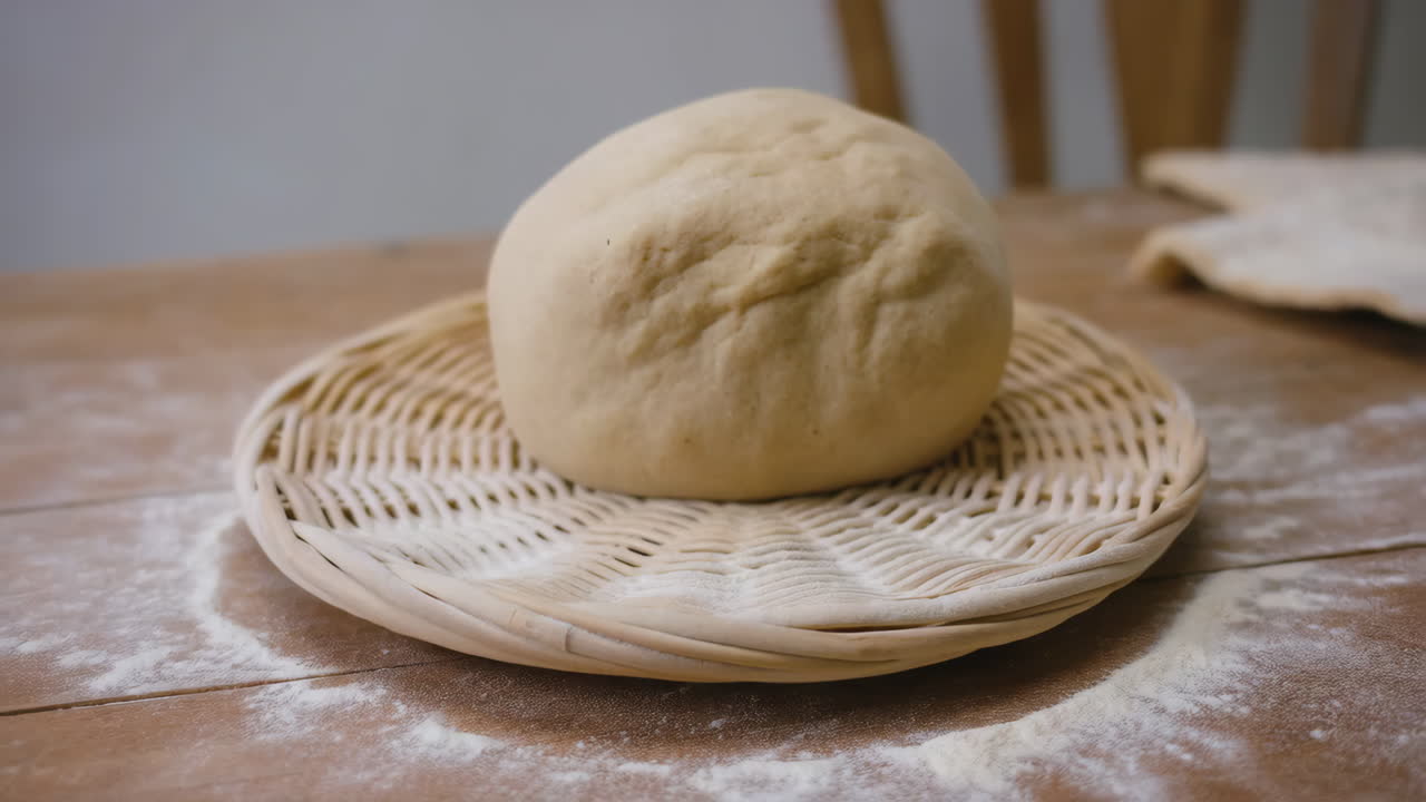A ball of dough resting in a wicker basket on a floured wooden table