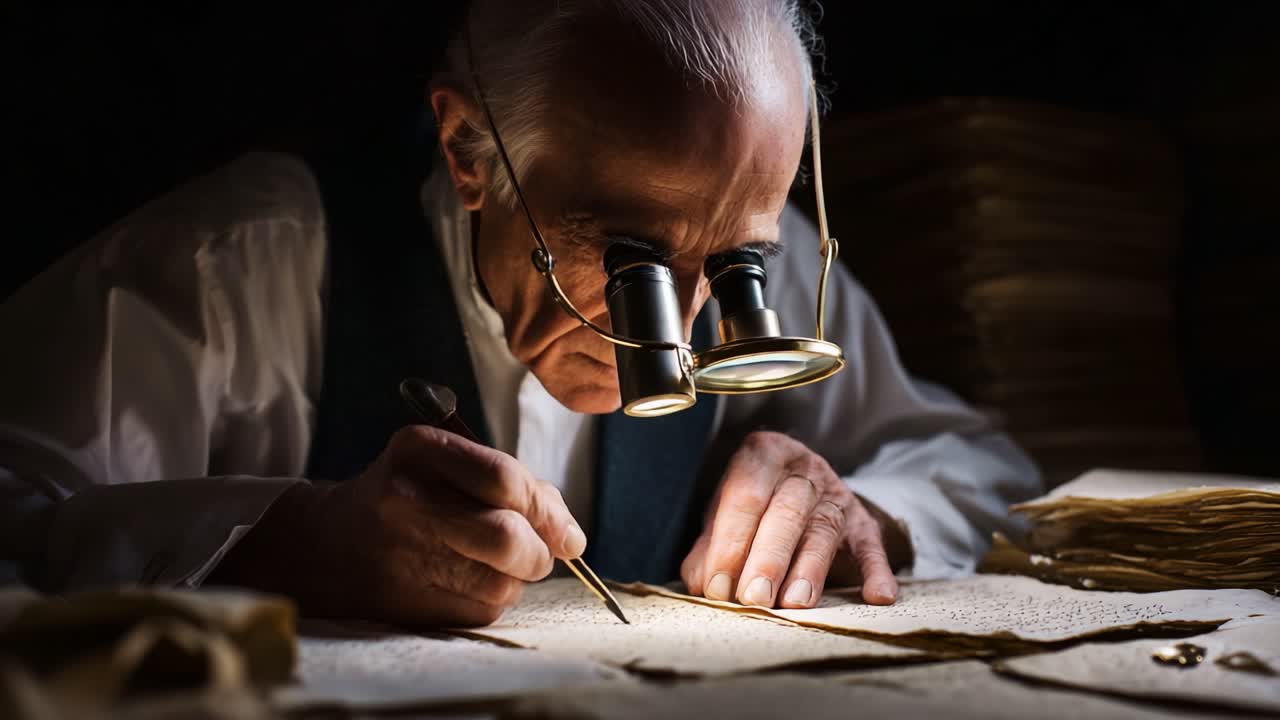 An Elderly Artisan Engages in Detailed Handwriting Using Precision Tools and Eyewear in a Dimly Lit Workspace, Showcasing Traditional Craftsmanship and Skillful Attention to Detail