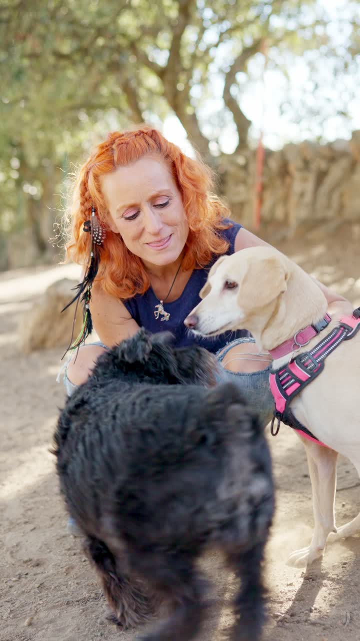 A woman interacts with her dogs in a sunny outdoor setting