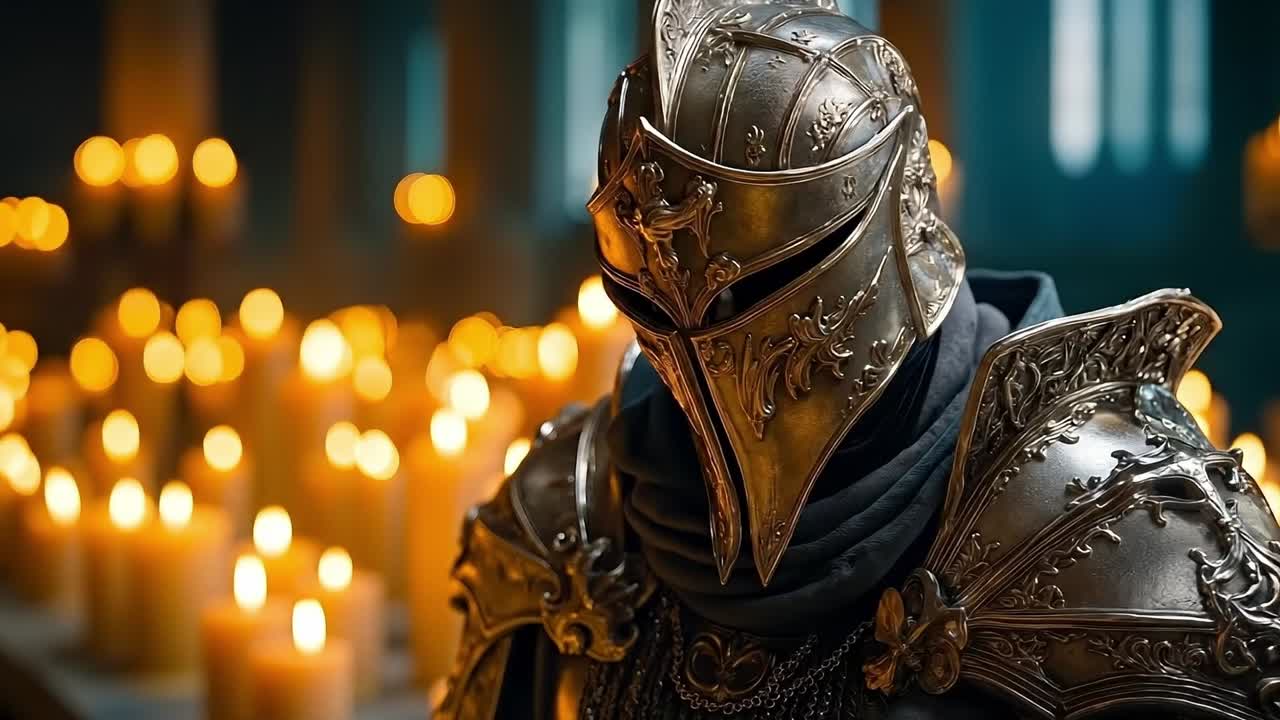 A close up of a person wearing a helmet in front of candles
