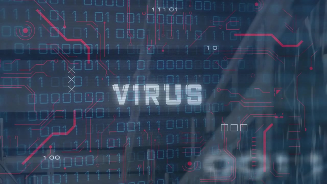 Animasjon av virustekstbanner, binær koding og databehandling mot høye bygninger