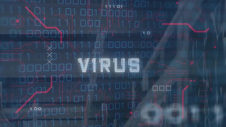 Animation of virus text banner, binary coding and data processing against tall buildings