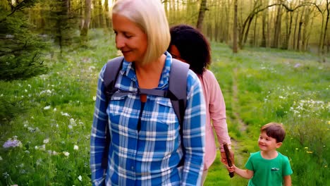 a woman with a backpack is walking with children