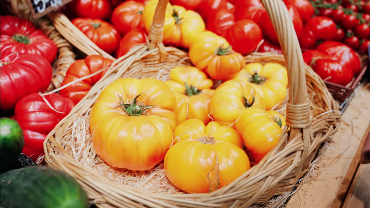 Close up of a woman's hand picking up yellow tomatoes from a basket at a market