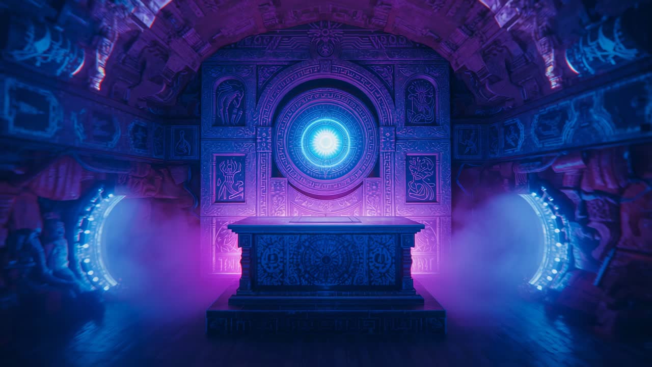 Purple glow rising from stone altar in chamber, pulsing glyph portal and drifting mist from runes