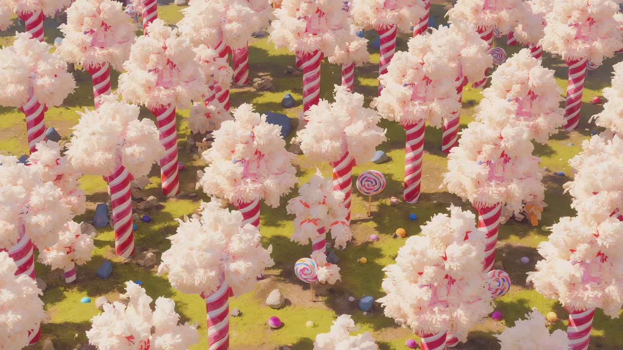 Panning camera revealing repeating trees with candy-cane trunks in meadow, showing lollipops
