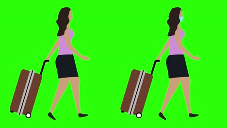 women with trolley walking cycle seamless loop , face mask version, green screen chroma key animation, flat design