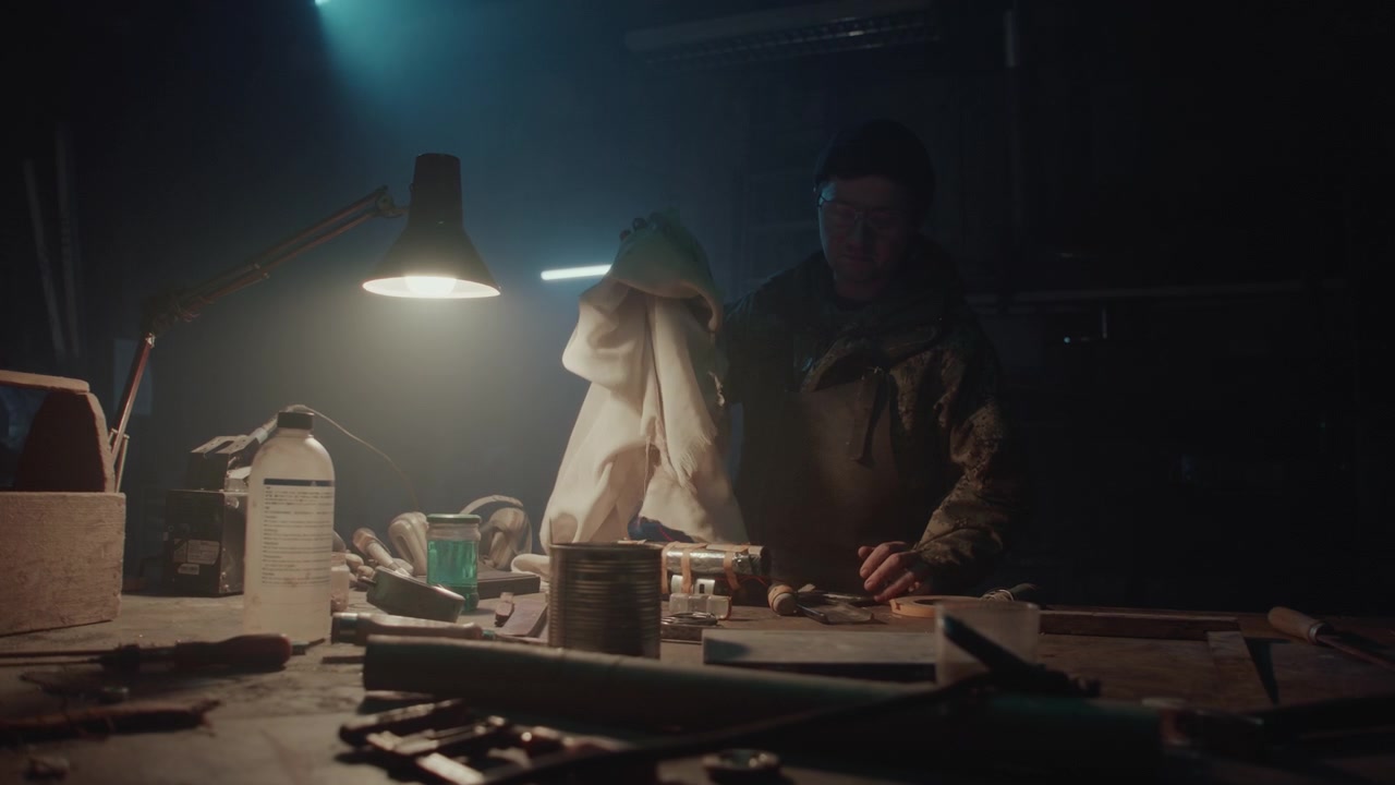 A man enters the dark workshop, turns on the lights and unveils a bomb
