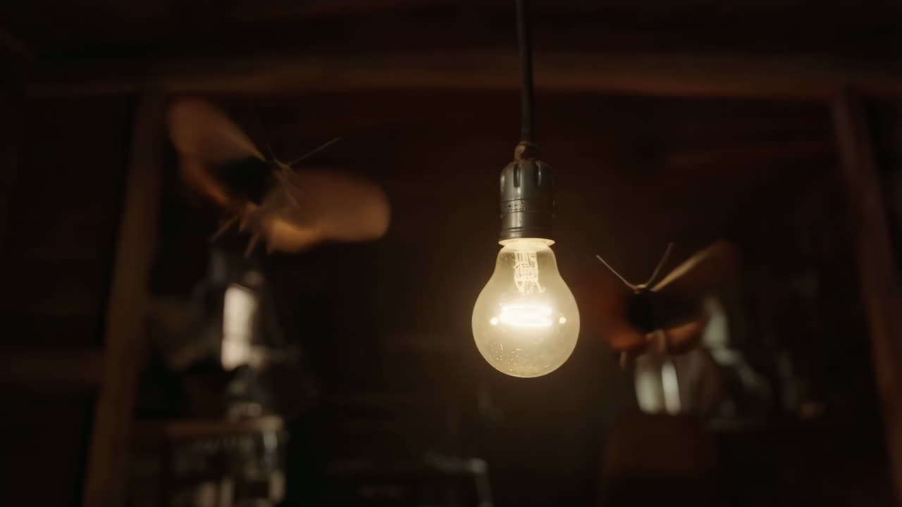 Moths circling an illuminated light bulb in a dark, atmospheric room