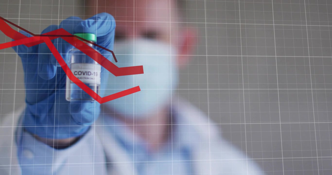 Clinician holding COVID-19 vial causing grid overlay and red line graph highlighting data shifts