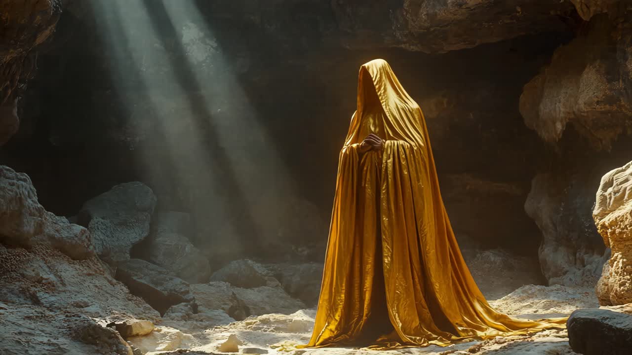 A Figure in a Yellow Cloak in a Cave