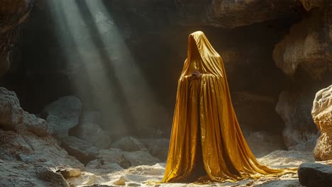 a figure in a yellow cloak in a cave