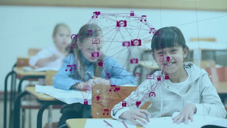 animation of globe of digital icons over portrait of biracial girl smiling while studying at school