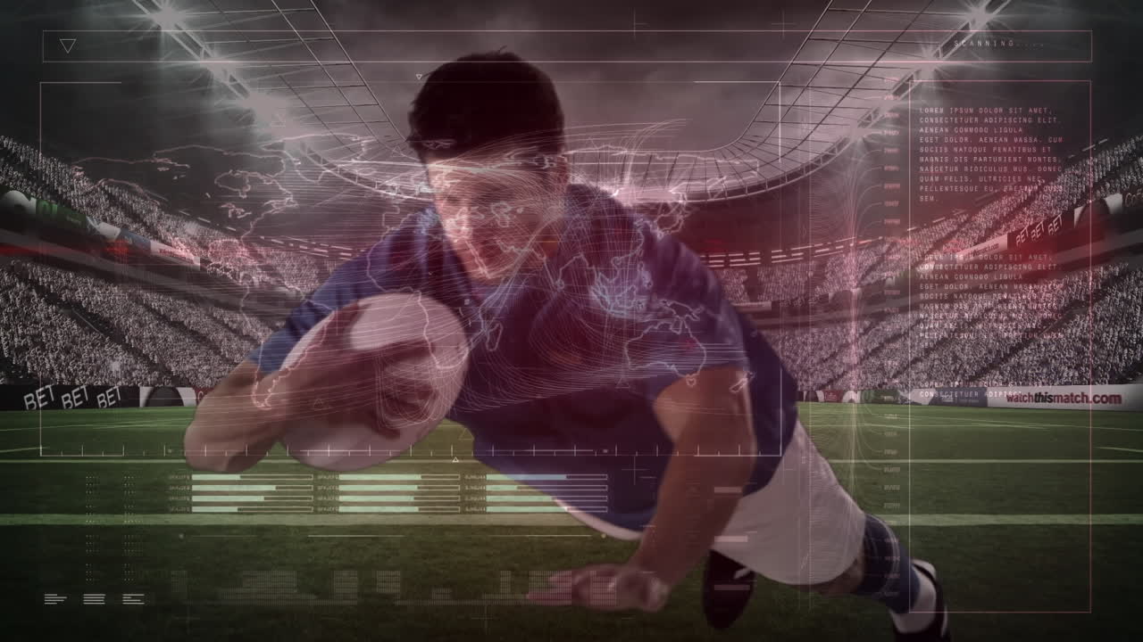 스포츠 경기장에서 럭비 경기 중 럭비 선수에 대한 데이터 처리 애니메이션