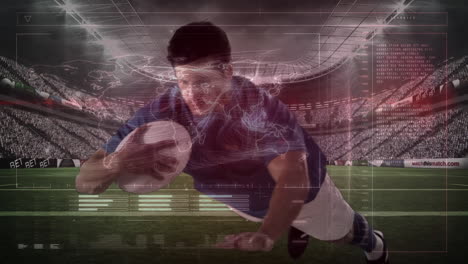 animación del procesamiento de datos sobre un jugador de rugby durante un partido de rugby en un estadio deportivo
