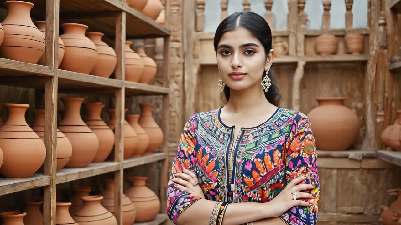 Skilled female potter standing confidently in ceramic studio, arms crossed near handcrafted terracotta vessels, radiating creative passion and professional pride