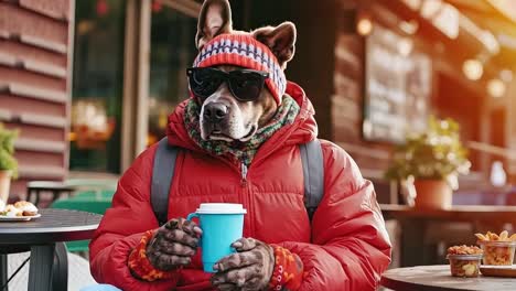 a dog wearing sunglasses and a red jacket sitting at a table with a cup of coffee