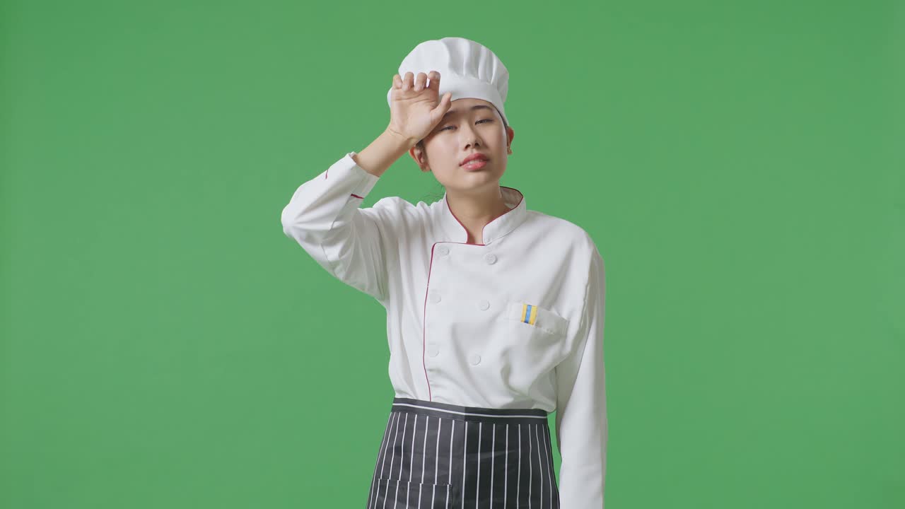 Asian Woman Chef Looking Wiping The Sweat And Being Tired While Standing In The Green Screen Background Studio