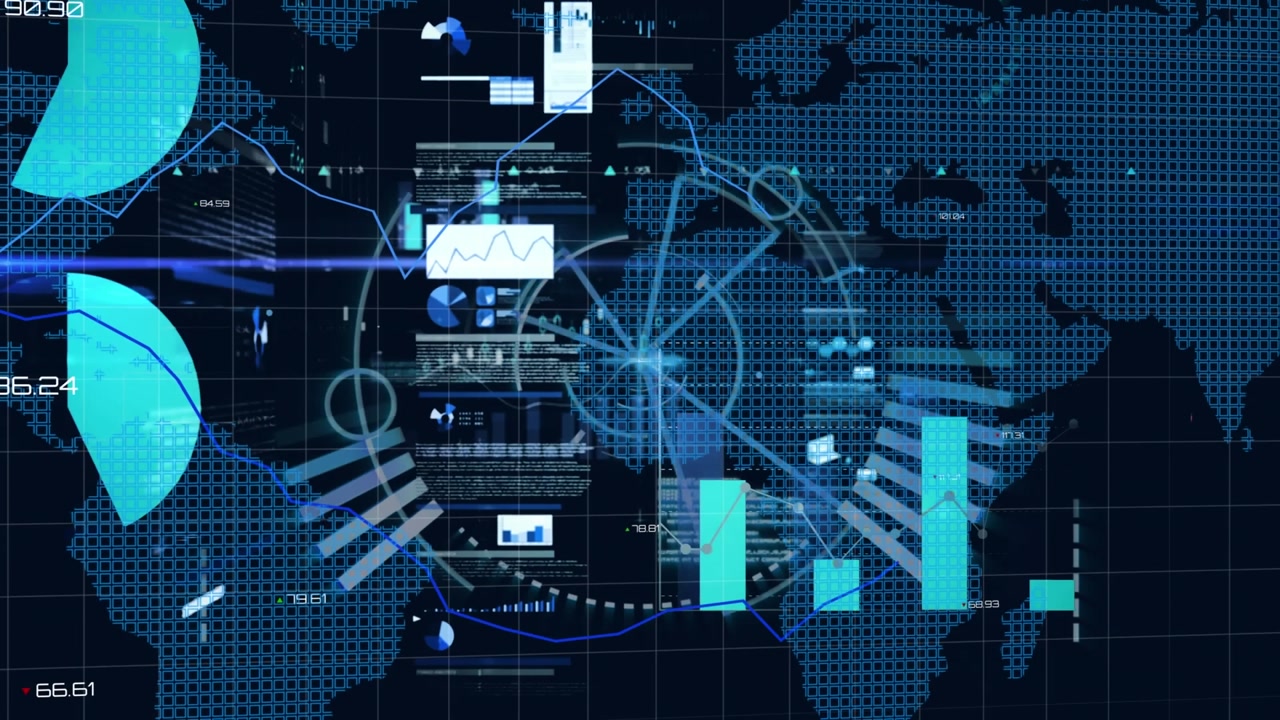 Animation of financial data processing with scope scanning and world map on black background