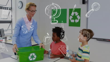 animation of education school icons over diverse school children in recycling in classroom