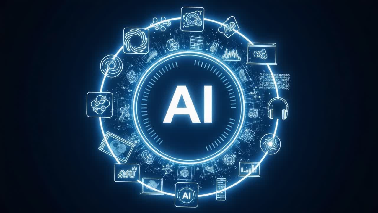 A Futuristic Representation of Artificial Intelligence with Graphic Icons Depicting Various Technologies Surrounding an 'AI' Central Display
