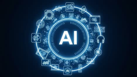 a futuristic representation of artificial intelligence with graphic icons depicting various technologies surrounding an 'ai' central display