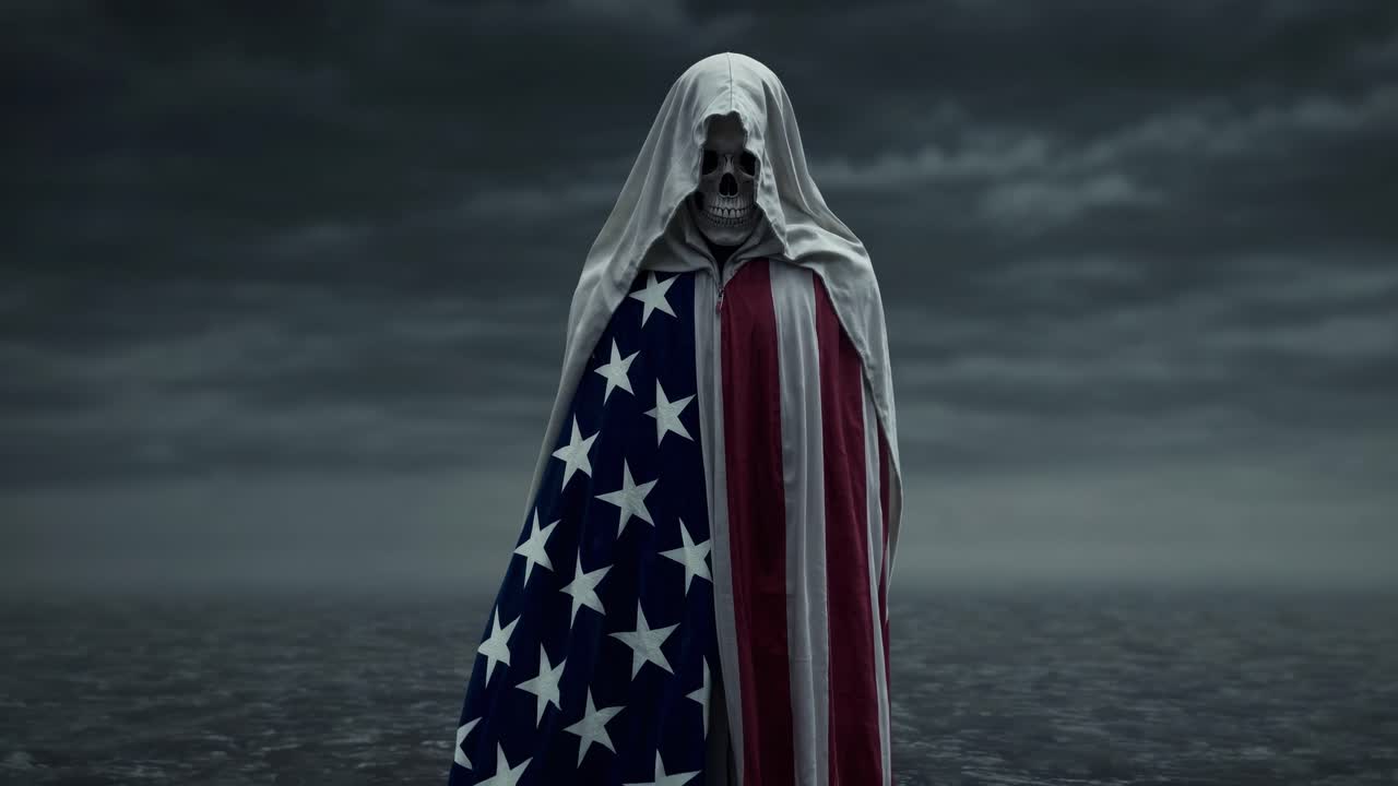 la muerte, representada por una muerte sombría envuelta en la bandera de los estados unidos, se encuentra contra un telón de fondo de un cielo tormentoso y oscuro, creando una representación simbólica de la crisis nacional o el declive