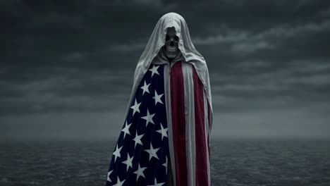 death, represented by a grim reaper cloaked in the united states flag, stands against a backdrop of a stormy and dark sky, creating a symbolic portrayal of national crisis or decline