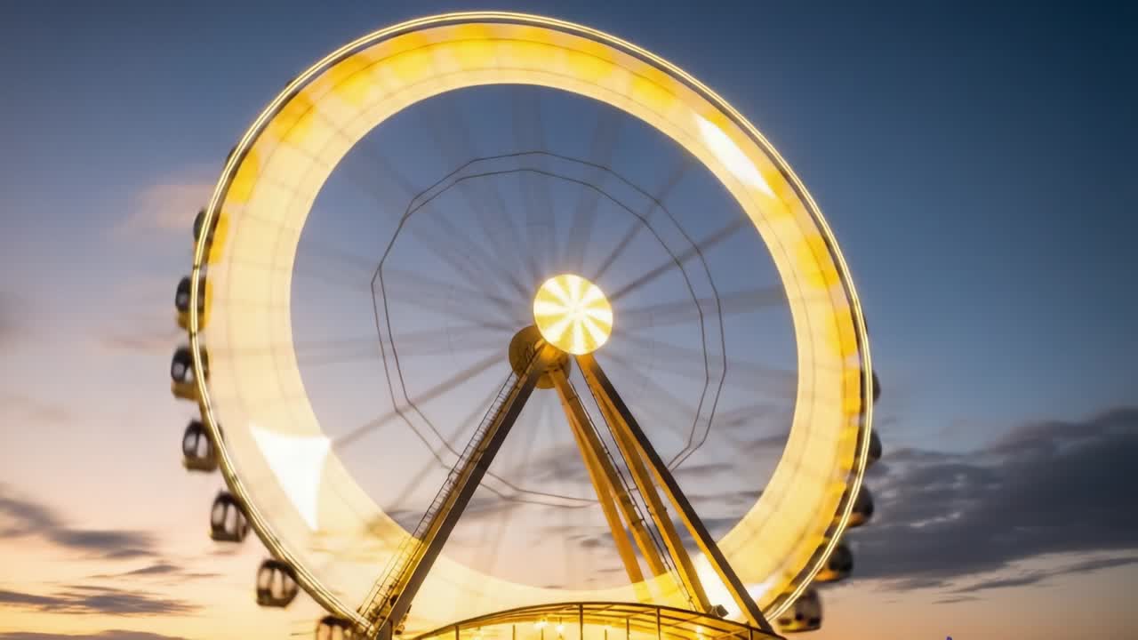 Spectacular View of a Rotating Ferris Wheel Illuminated by Bright Lights Against a Dusk Sky, Capturing the Beauty and Elegance of Amusement Rides