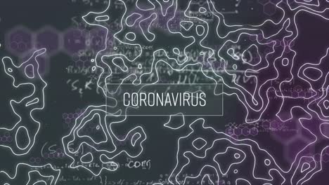 animation of coronavirus and isohypses over data processing on black background