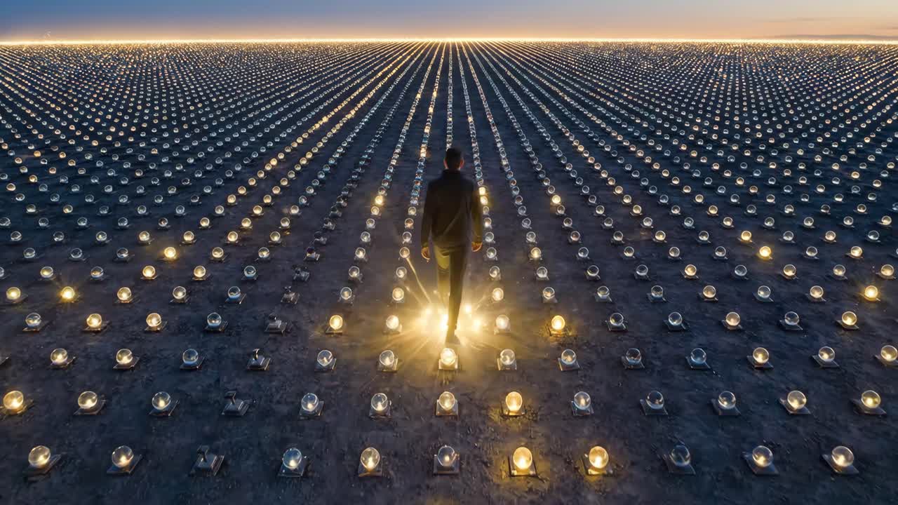 Man Walking Through a Futuristic Grid of Glowing Lights