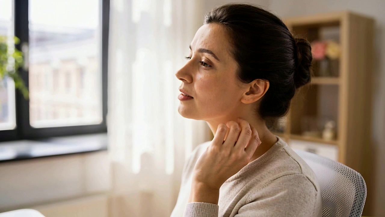 Donna adulta che si prende una breve pausa, massaggiandosi il collo sinistro e inclinando la testa nel suo ufficio di casa, su una sedia a rete.