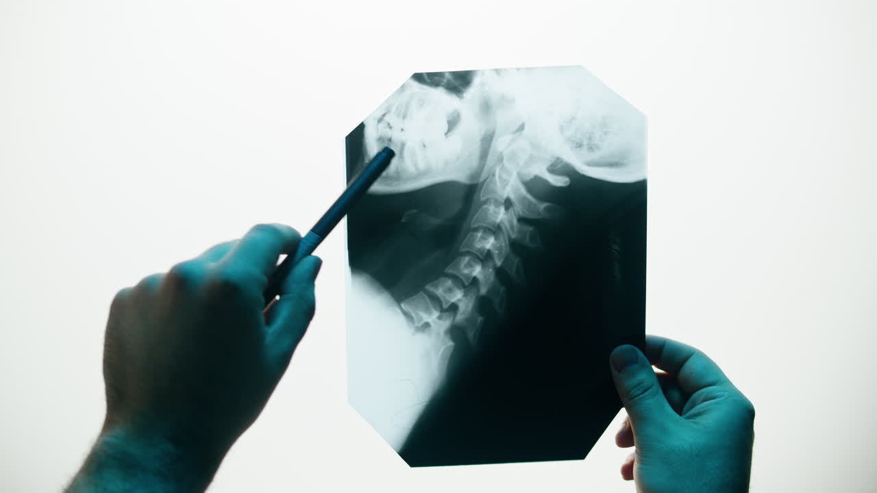 Medico che esamina una radiografia del collo umano con una penna.