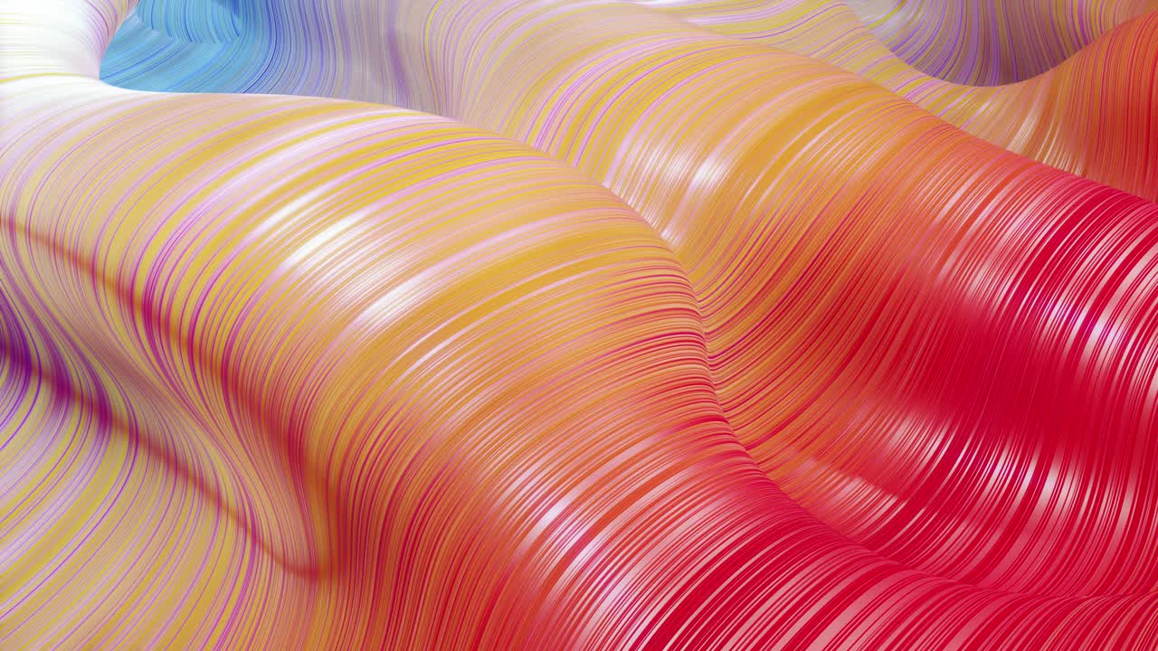 hermoso fondo abstracto de ondas en la superficie, gradientes de color rojo amarillo, líneas extrudidas como superficie de tela a rayas con pliegues o ondas en líquido. bucle 4k. 30