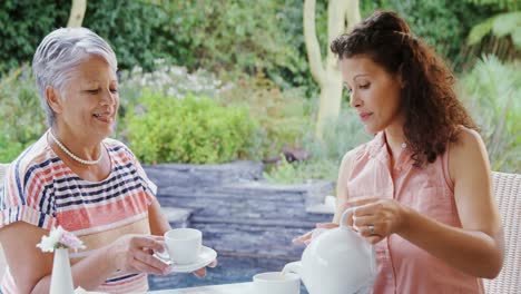 Mutter-Und-Tochter-Unterhalten-Sich-Beim-Kaffeetrinken-Im-Garten-4k-4k