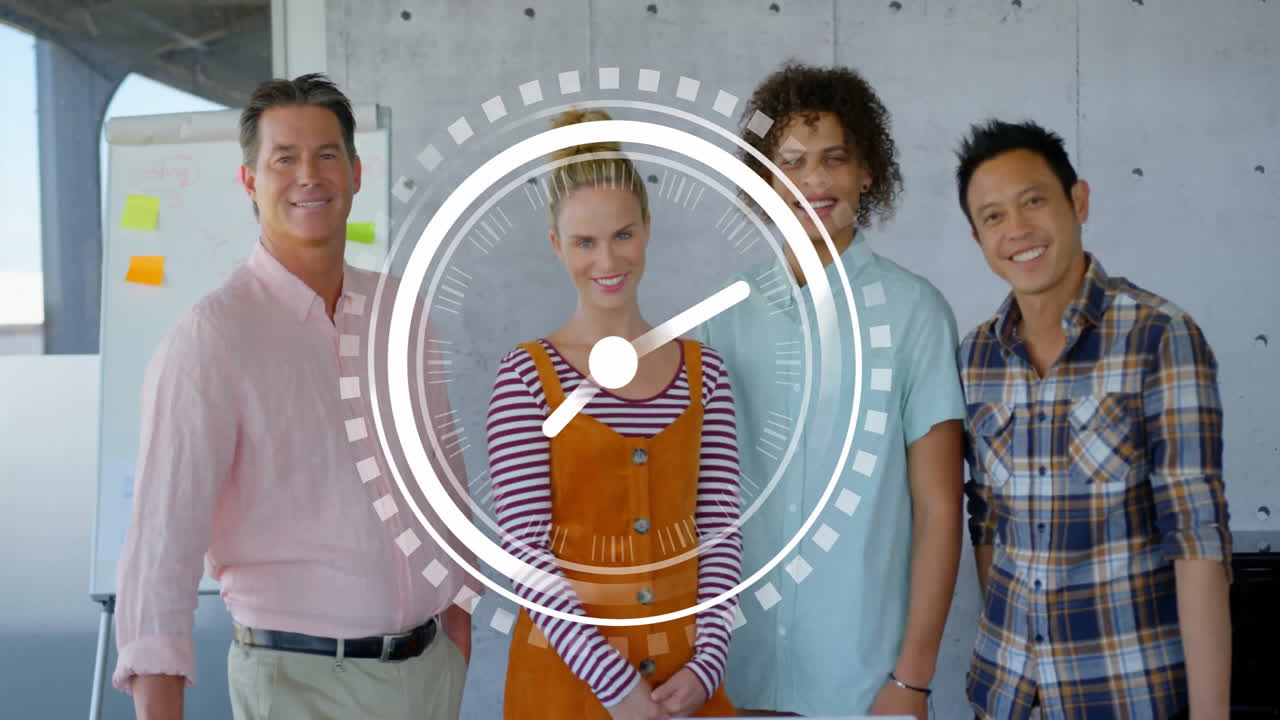 Smiling diverse team in modern office with clock animation in background