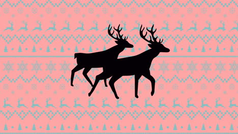 animation of reindeer over traditional christmas pattern