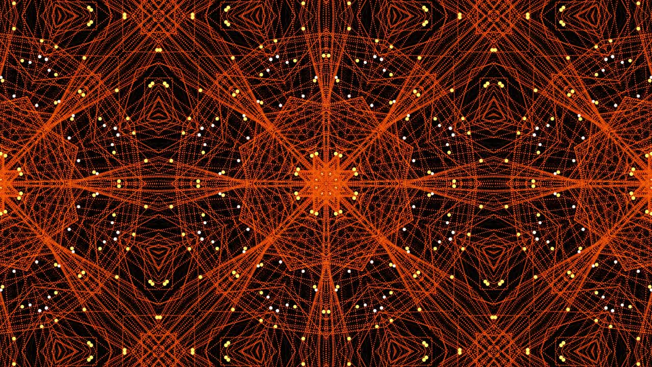 Spheres entering edges starting motion, orange lattice mandala rotating, pulsing, showing color mix