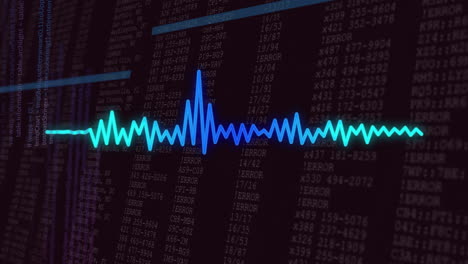 Neon waveform animation over digital data and error codes on dark background