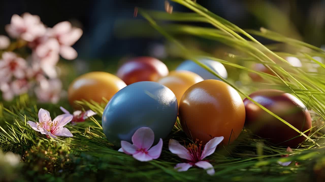 Soft sunlight glows on colorful Easter eggs. Gentle flowers dot lush green grass beneath. Warm tones invite springtime celebration. Ideal for festive holiday or seasonal themes