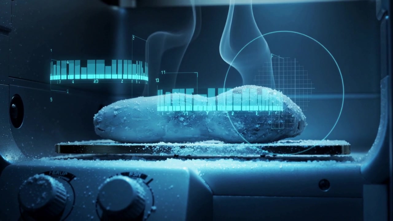 Cyan overlays appearing, frozen sample warming on frosted platform emitting vapor for scan