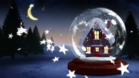animación de nieve cayendo y globo de nieve de navidad sobre el paisaje de invierno