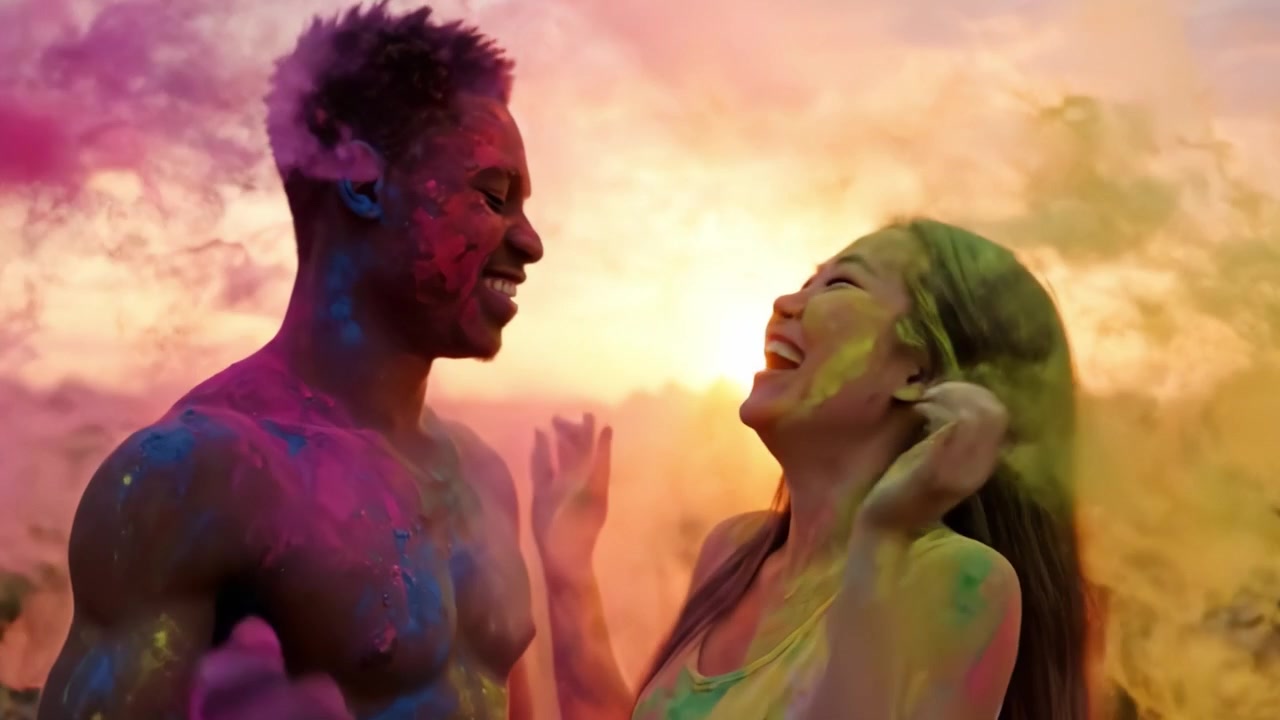 Una Gioiosa Celebrazione dell'Amore e del Colore: Una Coppia Che Si Abbraccia in un Tramonto Vibrante, Coperta di Polvere Colorata Brillante Tipo Holi per un'Esperienza Davvero Vivace