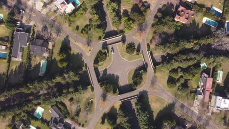 aerial top down shot of roundabout in luxury district of buenos aires with swimming pools in garden