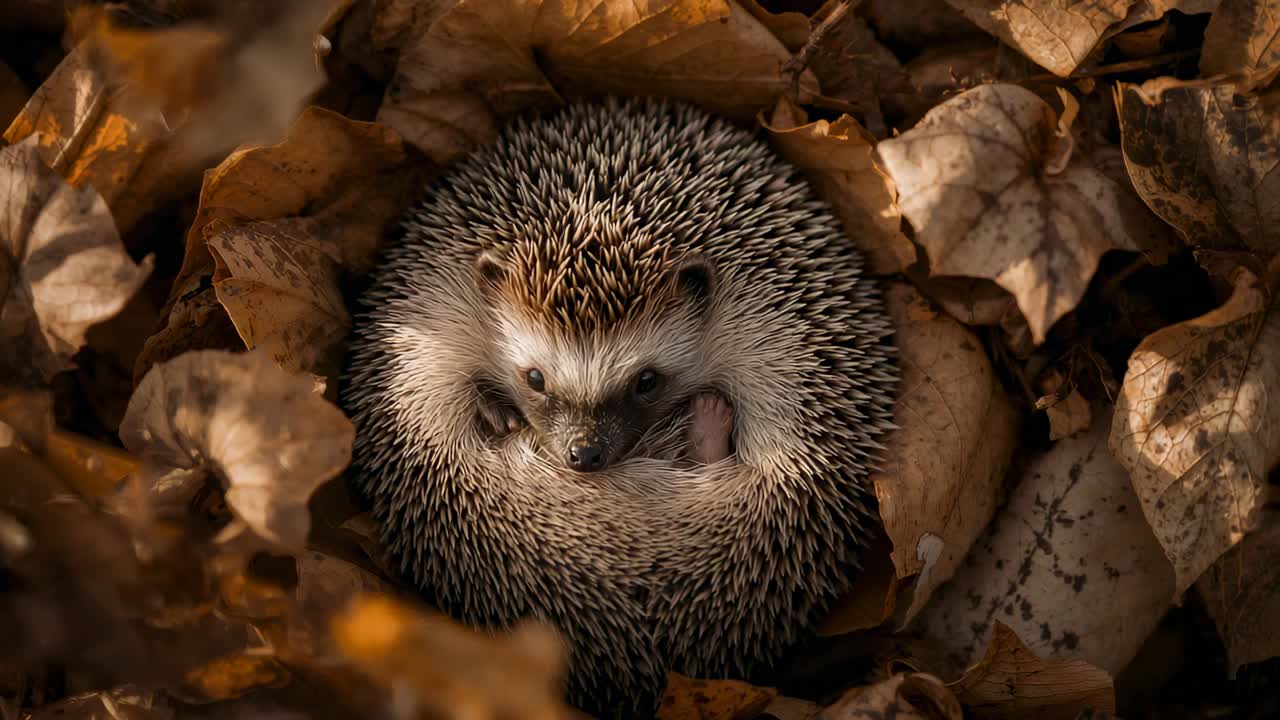 Riccio che si srotola, alza la testa ed esamina il suolo della foresta, la luce del sole riscalda il nido di foglie secche