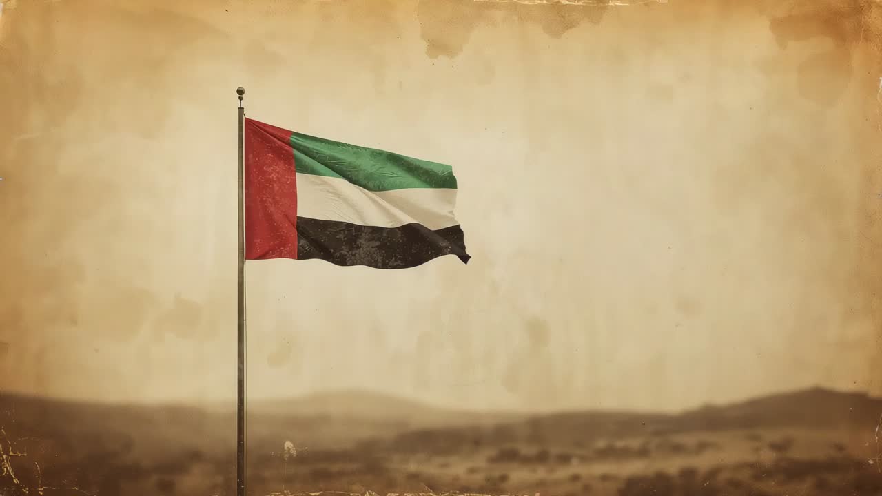 Wind starting metalpole flag with red hoist three stripes waving over dry hills, sepia, copy space